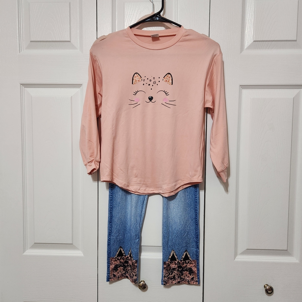 Pink Cat Face Long Sleeve Top and Blue Jeans Set